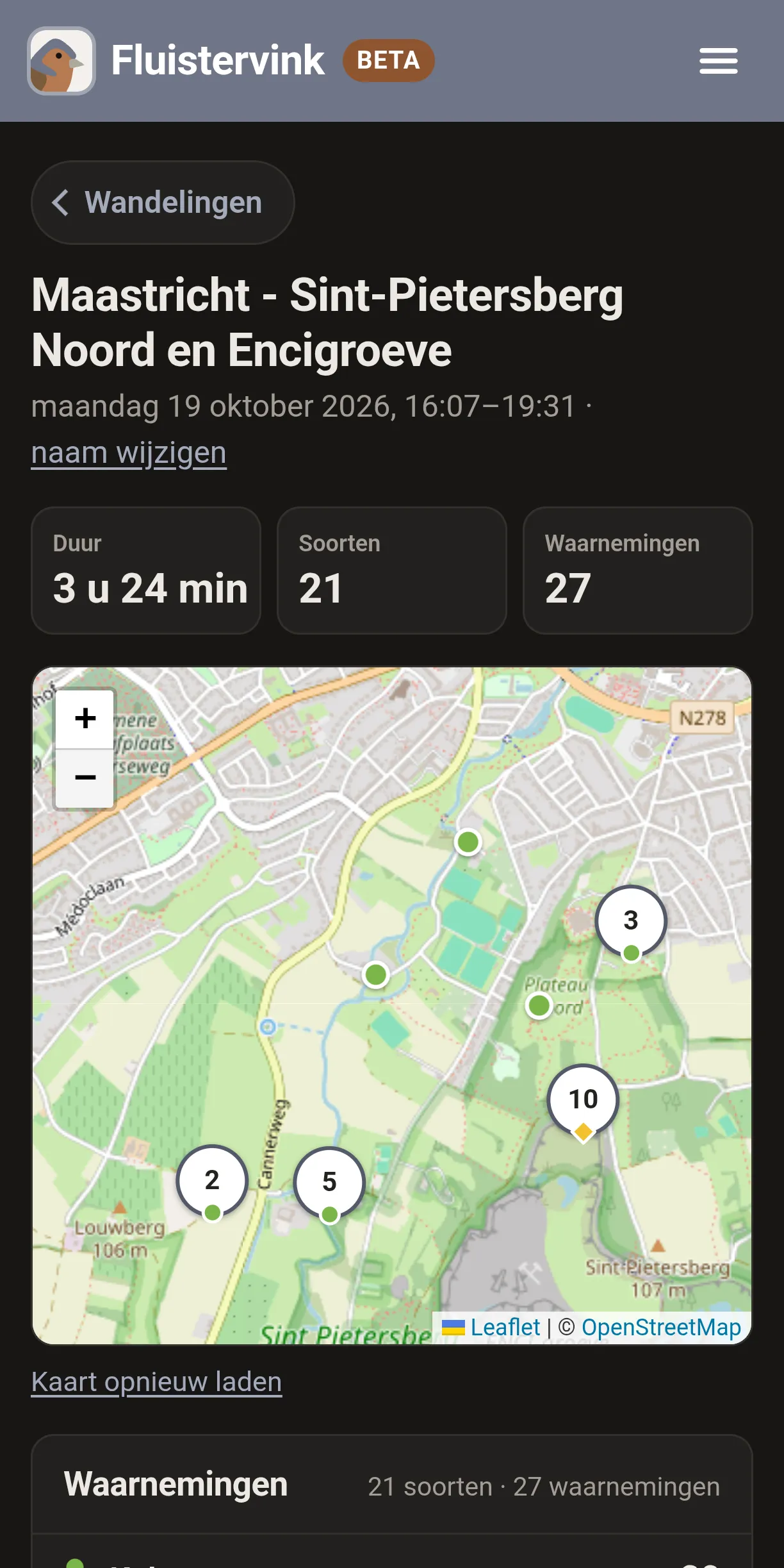Afgeronde wandeling op de Sint-Pietersberg met 21 soorten, 27 waarnemingen en een kaart.